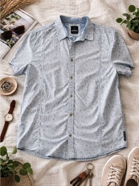 PrAna Men’s Short Sleeve Button Down Shirt XL Blue Print Casual Lightweight